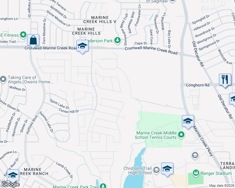 map of restaurants, bars, coffee shops, grocery stores, and more near 5117 Bow Lake Trail in Fort Worth
