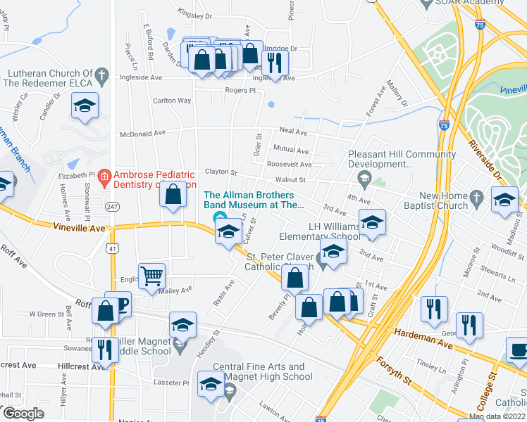 map of restaurants, bars, coffee shops, grocery stores, and more near 151 Culver Street in Macon