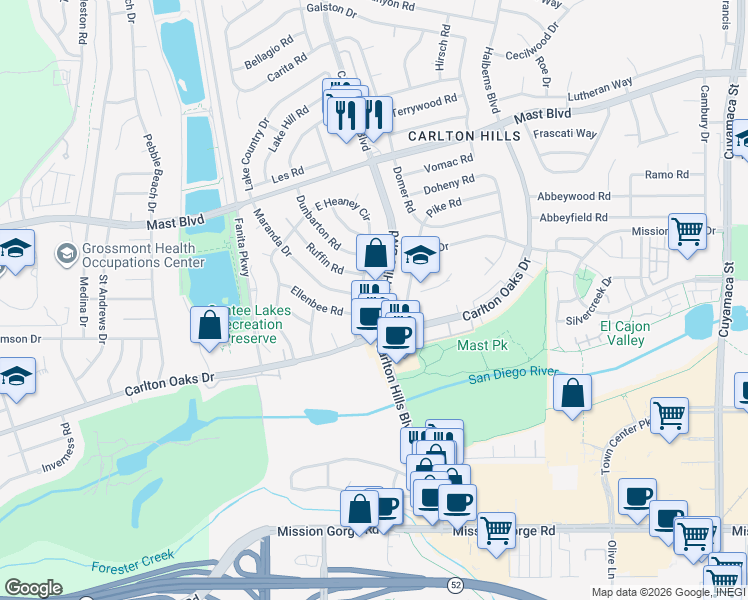 map of restaurants, bars, coffee shops, grocery stores, and more near 9336 Carlton Hills Boulevard in Santee