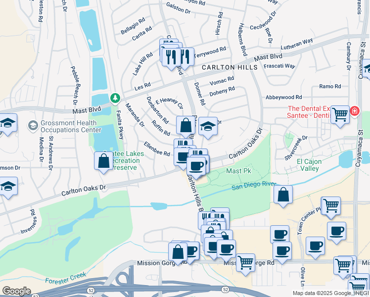 map of restaurants, bars, coffee shops, grocery stores, and more near 9336 Carlton Hills Boulevard in Santee
