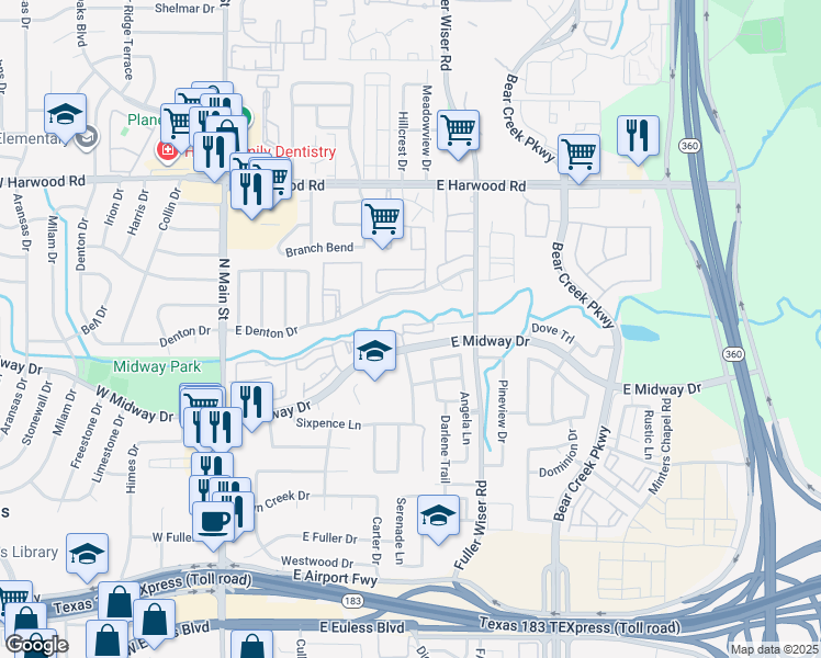 map of restaurants, bars, coffee shops, grocery stores, and more near 501 Arbor Creek Drive in Euless