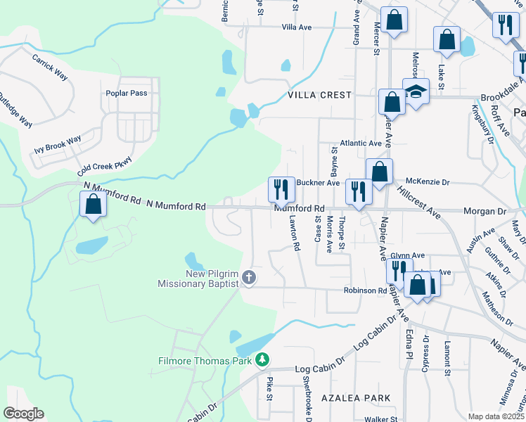 map of restaurants, bars, coffee shops, grocery stores, and more near 4338 Mumford Road in Macon