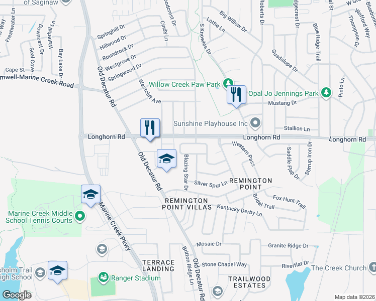 map of restaurants, bars, coffee shops, grocery stores, and more near 1080 Appaloosa Circle in Fort Worth