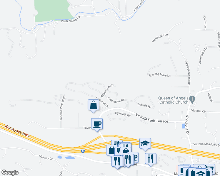 map of restaurants, bars, coffee shops, grocery stores, and more near 2513 Begonia Way in Alpine