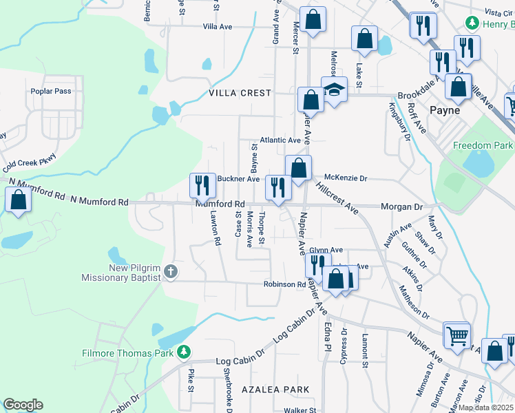 map of restaurants, bars, coffee shops, grocery stores, and more near 3988 Mumford Road in Macon