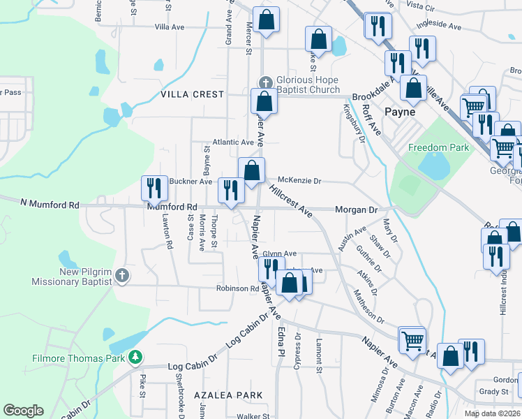 map of restaurants, bars, coffee shops, grocery stores, and more near 3595 Napier Avenue in Macon