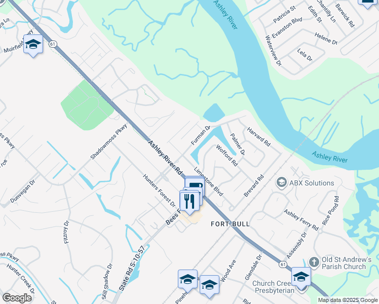 map of restaurants, bars, coffee shops, grocery stores, and more near 2310 Furman Drive in Charleston