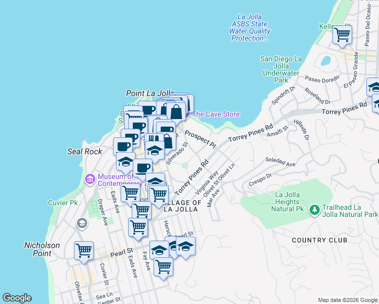 map of restaurants, bars, coffee shops, grocery stores, and more near 7824 Exchange Place in San Diego