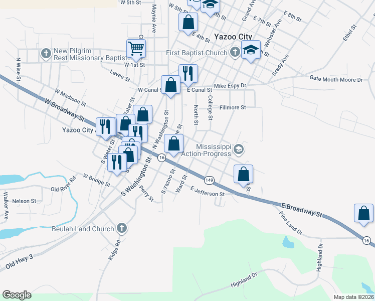 map of restaurants, bars, coffee shops, grocery stores, and more near 407 East Madison Street in Yazoo City