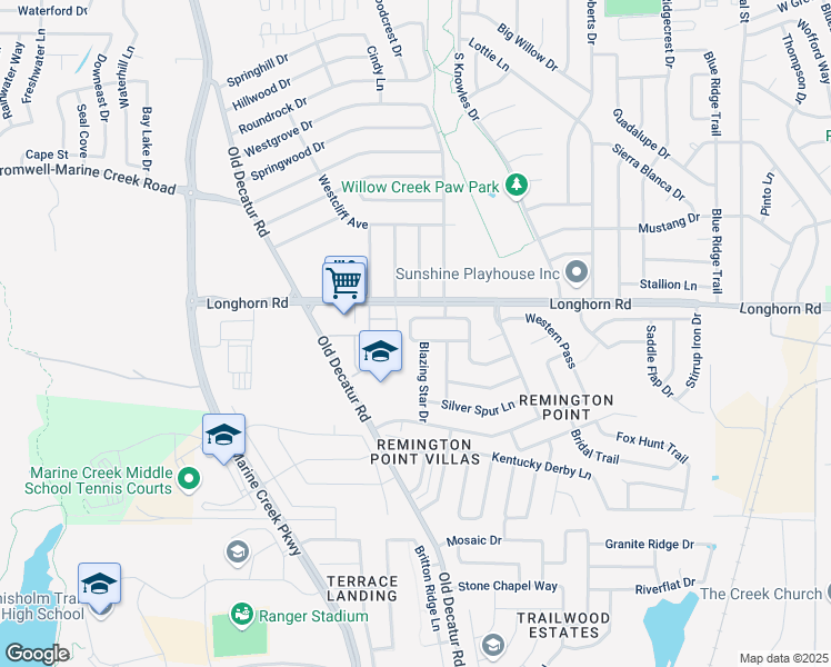 map of restaurants, bars, coffee shops, grocery stores, and more near 1092 Appaloosa Circle in Fort Worth