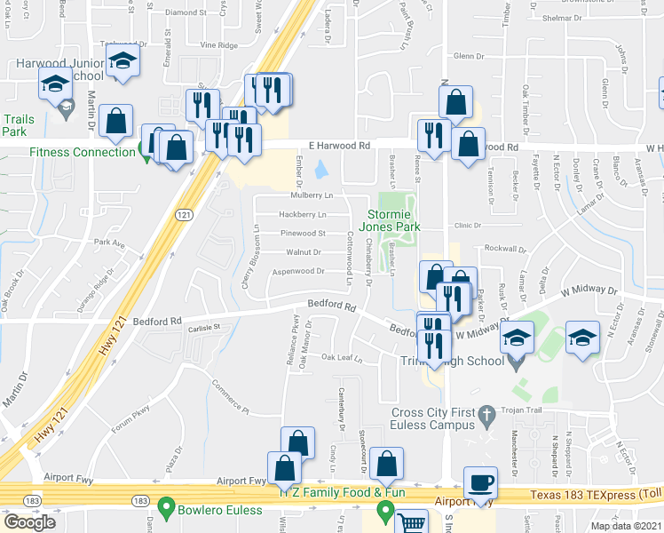 map of restaurants, bars, coffee shops, grocery stores, and more near 3825 Aspenwood Drive in Bedford