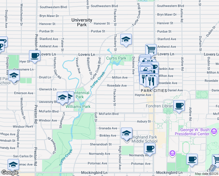 map of restaurants, bars, coffee shops, grocery stores, and more near 3611 Rosedale Avenue in Dallas