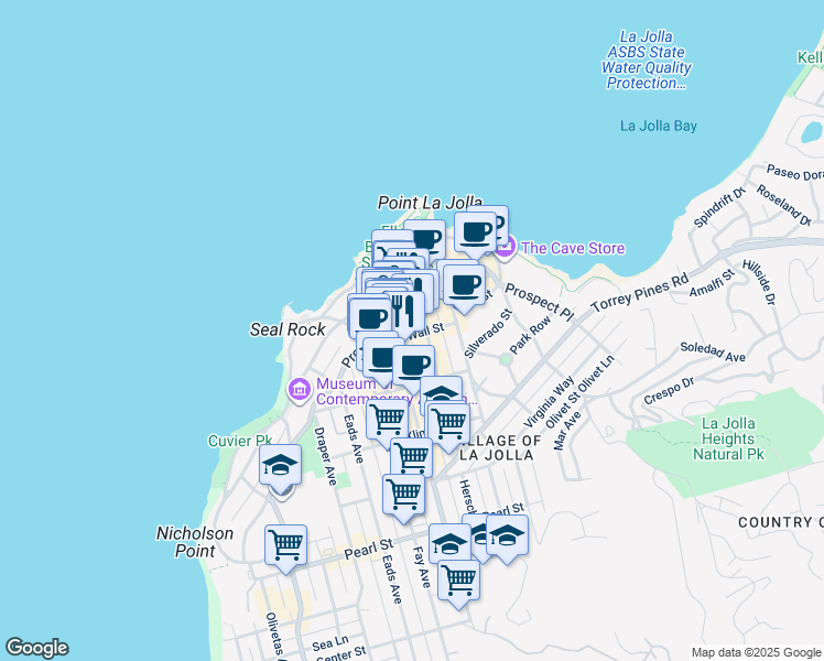 map of restaurants, bars, coffee shops, grocery stores, and more near 1030 Wall Street in San Diego