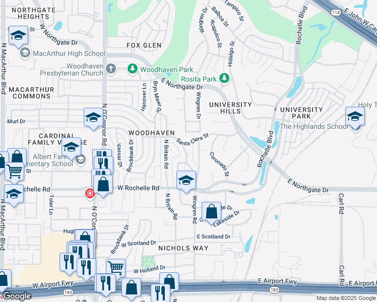 map of restaurants, bars, coffee shops, grocery stores, and more near 3008 Gentry Road in Irving