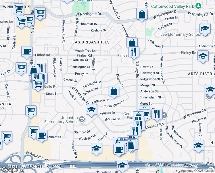 map of restaurants, bars, coffee shops, grocery stores, and more near 2609 Ridgewood Street in Irving
