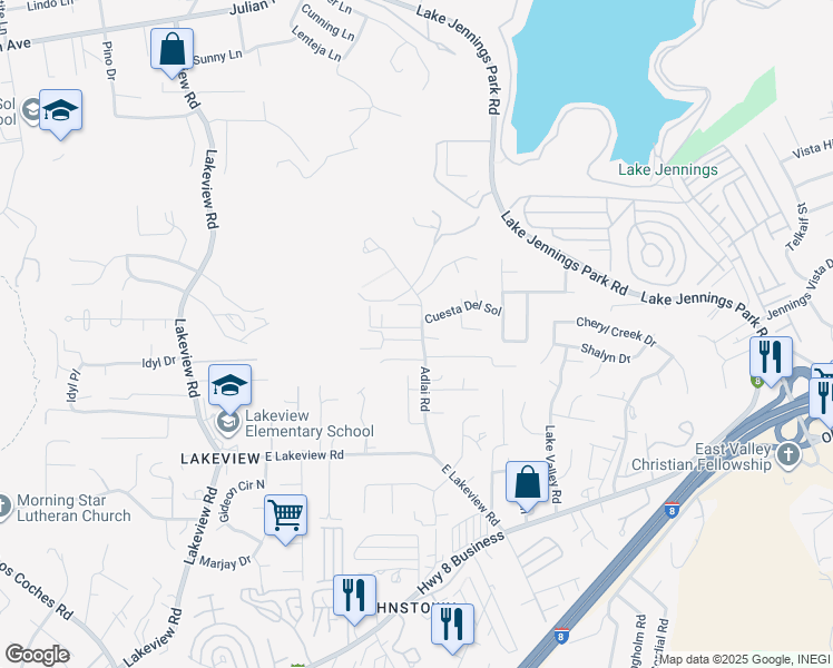 map of restaurants, bars, coffee shops, grocery stores, and more near 13560 Mijo Lane in Lakeside