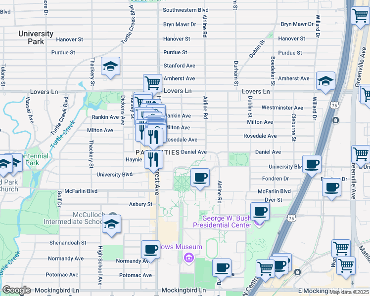 map of restaurants, bars, coffee shops, grocery stores, and more near 3240 Daniel Avenue in Dallas