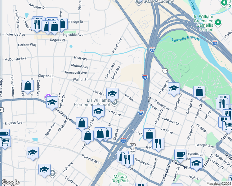 map of restaurants, bars, coffee shops, grocery stores, and more near 260 Moughon Street in Macon
