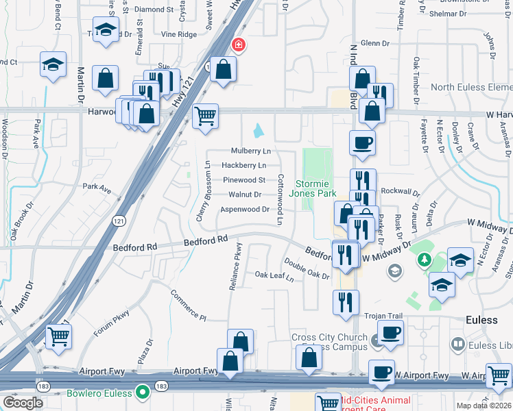map of restaurants, bars, coffee shops, grocery stores, and more near 3825 Aspenwood Drive in Bedford