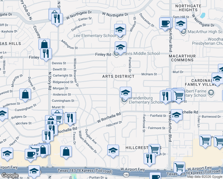 map of restaurants, bars, coffee shops, grocery stores, and more near 2921 Hillcrest Dr in Irving