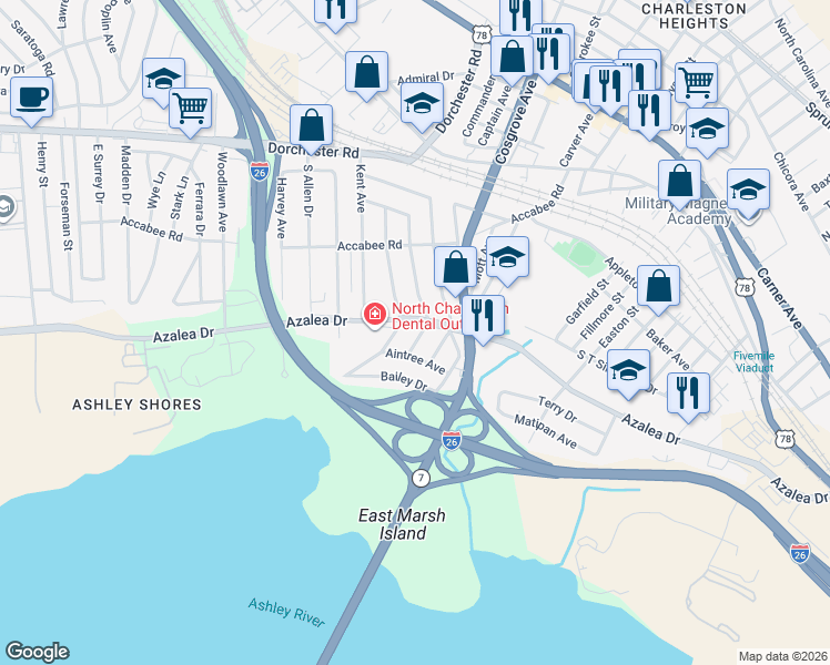 map of restaurants, bars, coffee shops, grocery stores, and more near 2366 Suffolk Street in North Charleston