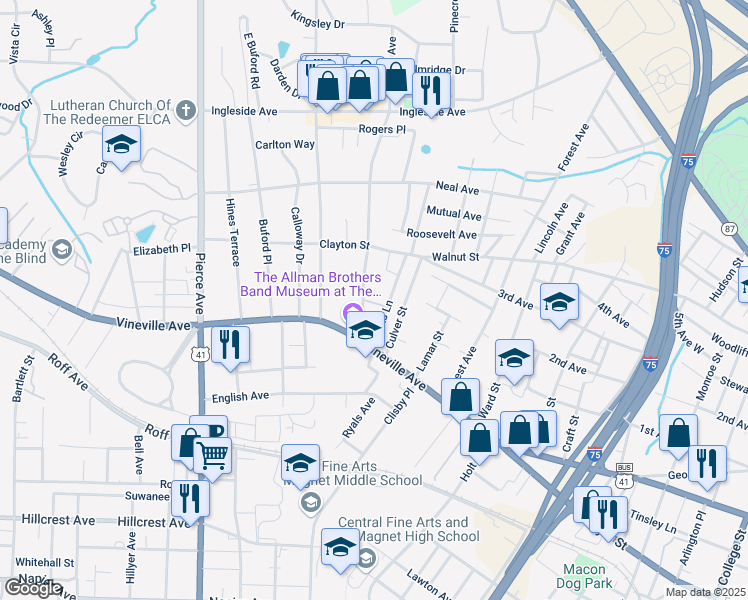 map of restaurants, bars, coffee shops, grocery stores, and more near 2263 Robin Lyn Court in Macon