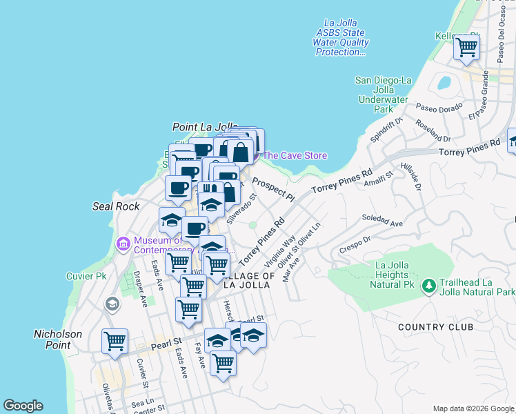 map of restaurants, bars, coffee shops, grocery stores, and more near 7824 Exchange Place in San Diego