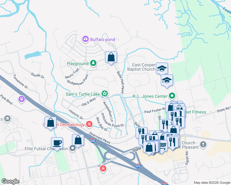 map of restaurants, bars, coffee shops, grocery stores, and more near 541 Veranda View in Mount Pleasant