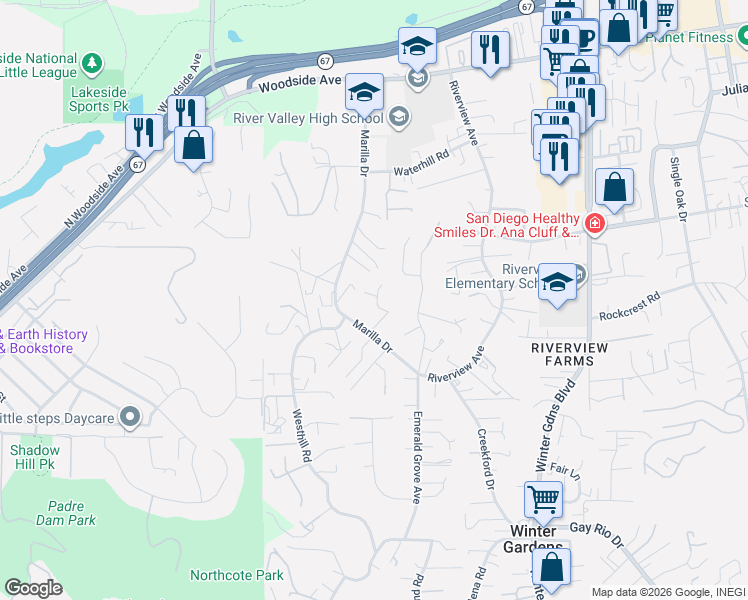 map of restaurants, bars, coffee shops, grocery stores, and more near 9268 Hightop Terrace in Lakeside
