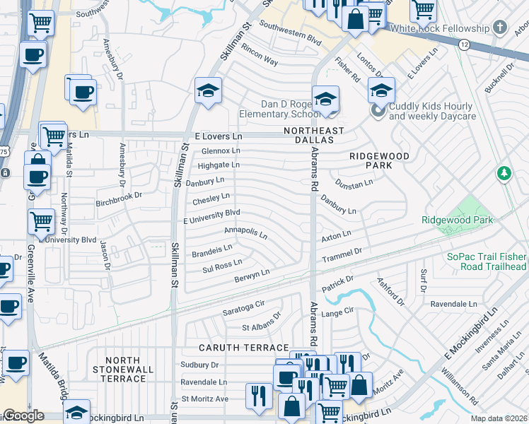 map of restaurants, bars, coffee shops, grocery stores, and more near 6245 East University Boulevard in Dallas