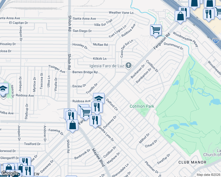 map of restaurants, bars, coffee shops, grocery stores, and more near 11061 Ferguson Road in Dallas