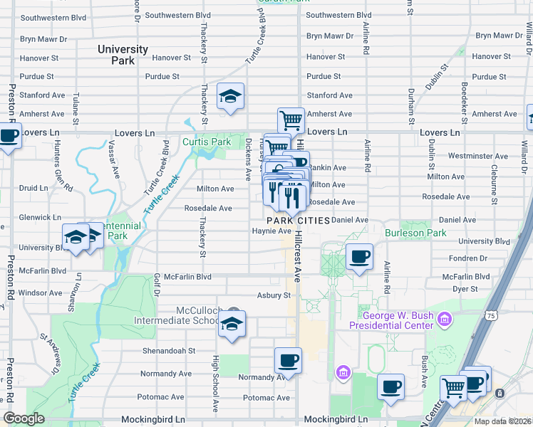 map of restaurants, bars, coffee shops, grocery stores, and more near 6606 Hursey Street in Dallas