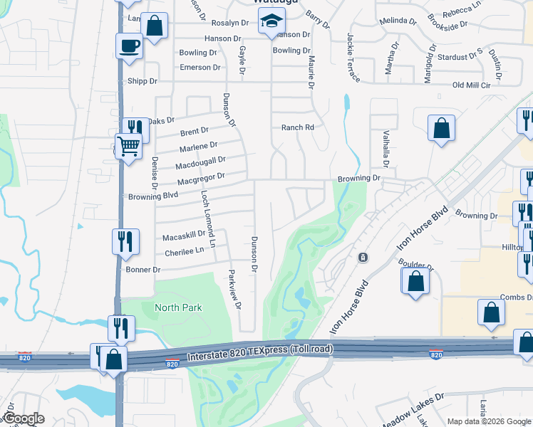 map of restaurants, bars, coffee shops, grocery stores, and more near 5585 Greenview Court in Fort Worth