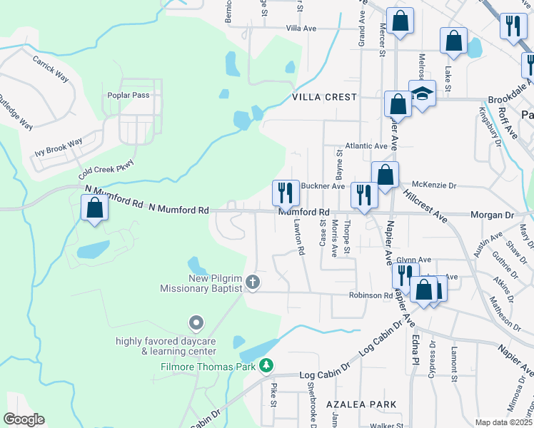map of restaurants, bars, coffee shops, grocery stores, and more near 4338 Mumford Road in Macon