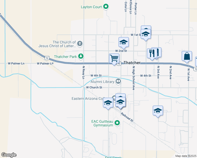 map of restaurants, bars, coffee shops, grocery stores, and more near North Cash Lane in Thatcher