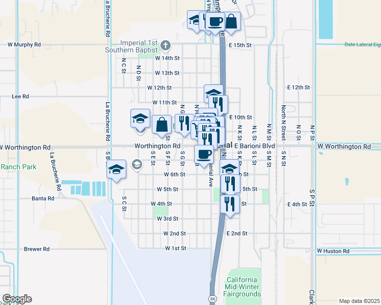 map of restaurants, bars, coffee shops, grocery stores, and more near 286 South G Street in Imperial