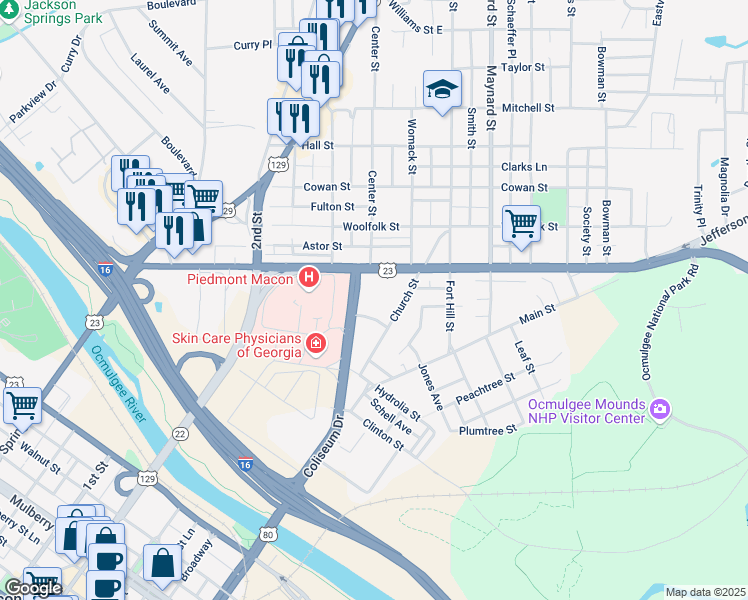 map of restaurants, bars, coffee shops, grocery stores, and more near 505 Coliseum Drive in Macon