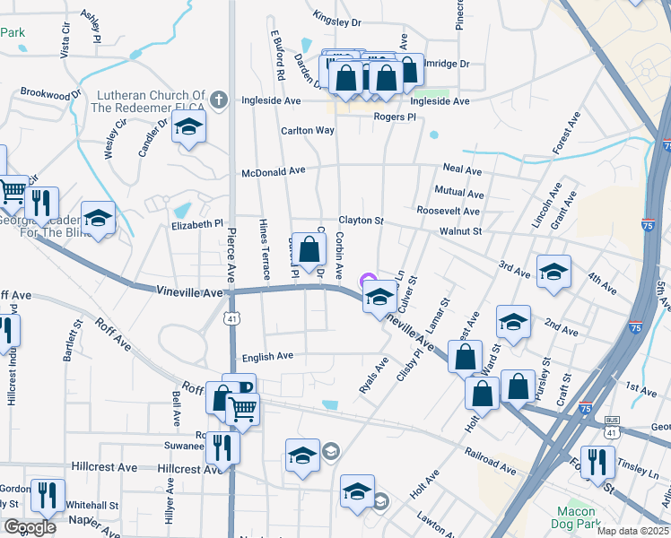 map of restaurants, bars, coffee shops, grocery stores, and more near 119 Calloway Drive in Macon