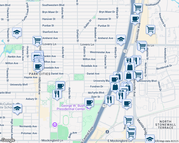 map of restaurants, bars, coffee shops, grocery stores, and more near 2940 Daniel Avenue in Dallas