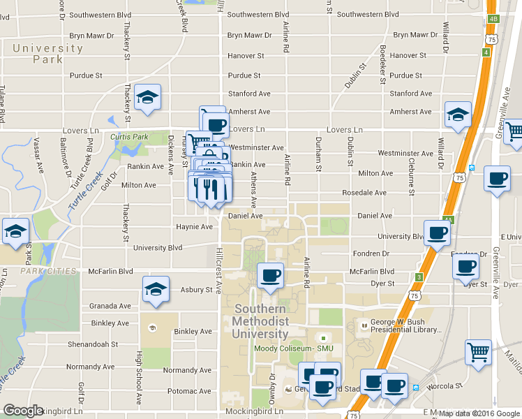 map of restaurants, bars, coffee shops, grocery stores, and more near 3240 Daniel Avenue in Dallas