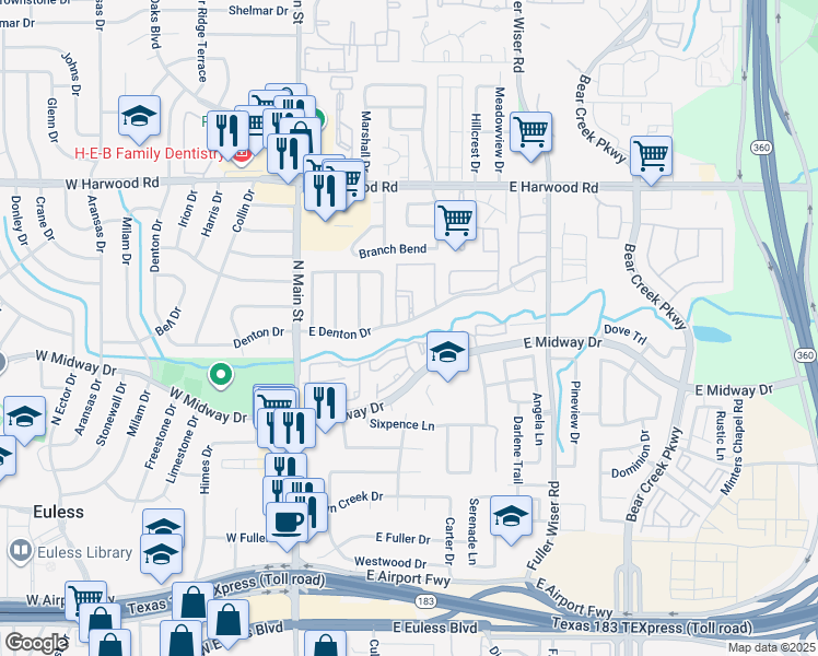 map of restaurants, bars, coffee shops, grocery stores, and more near 308 East Denton Drive in Euless
