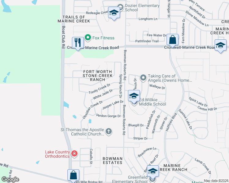 map of restaurants, bars, coffee shops, grocery stores, and more near 6213 White Jade Drive in Fort Worth