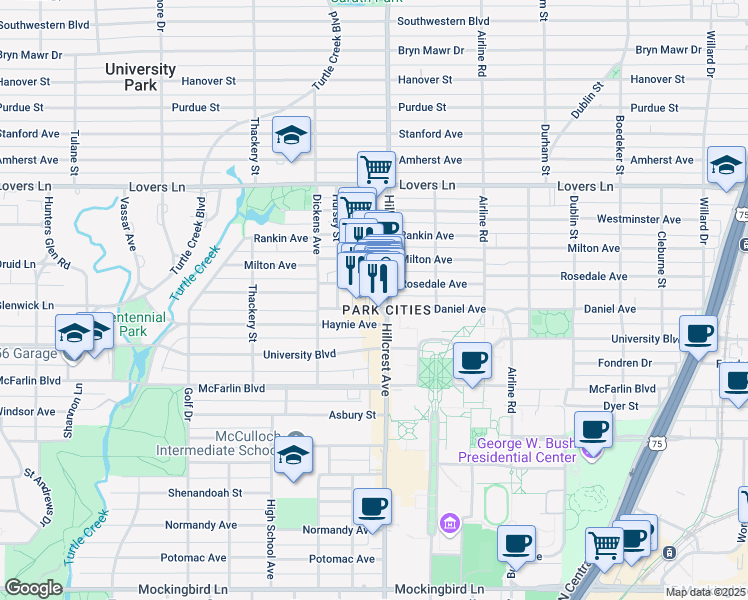map of restaurants, bars, coffee shops, grocery stores, and more near 6608 Snider Plaza in Dallas
