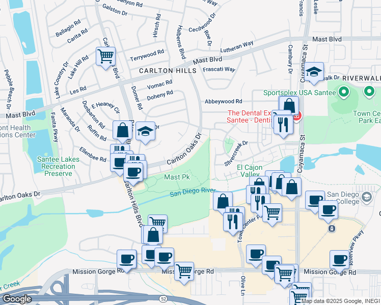 map of restaurants, bars, coffee shops, grocery stores, and more near 9421 Carlton Oaks Drive in Santee