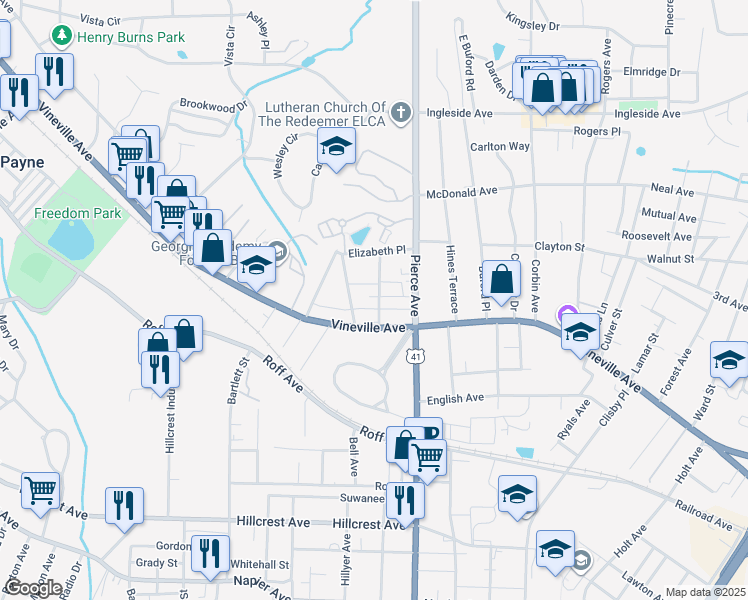 map of restaurants, bars, coffee shops, grocery stores, and more near 124 Stonewall Place in Macon