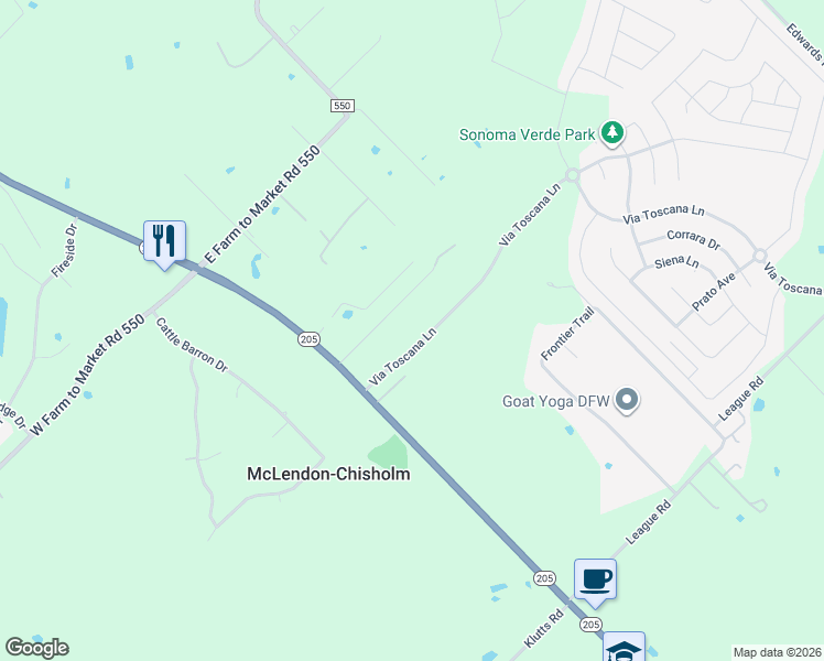 map of restaurants, bars, coffee shops, grocery stores, and more near 1130 Via Toscana Lane in Rockwall