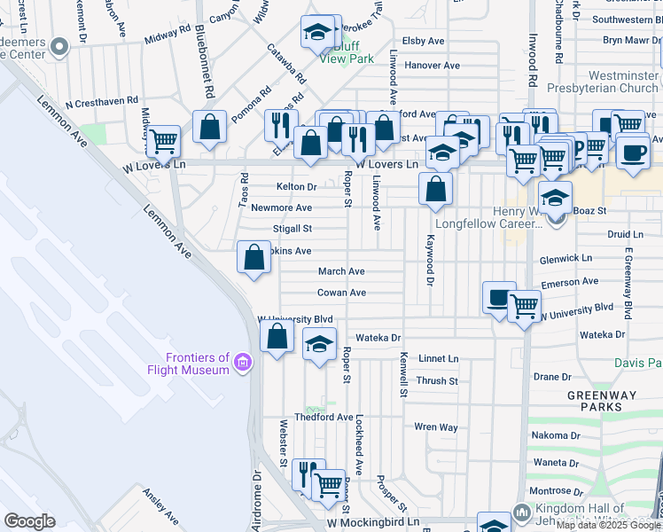 map of restaurants, bars, coffee shops, grocery stores, and more near 4617 March Avenue in Dallas