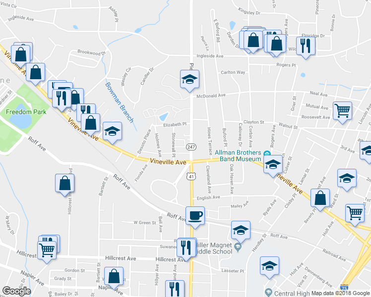 map of restaurants, bars, coffee shops, grocery stores, and more near 116 Pierce Avenue in Macon