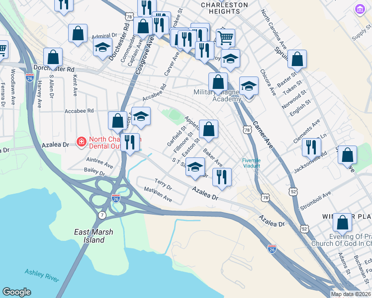 map of restaurants, bars, coffee shops, grocery stores, and more near 2222 Easton Street in North Charleston