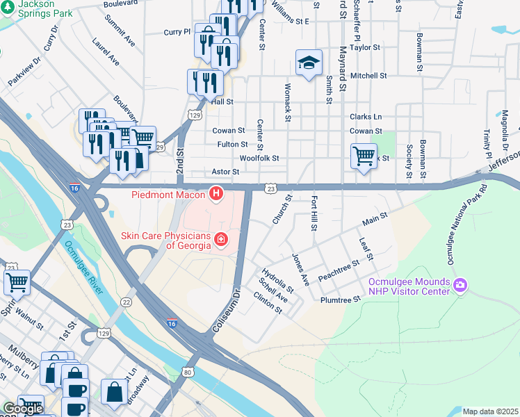 map of restaurants, bars, coffee shops, grocery stores, and more near 505 Coliseum Drive in Macon